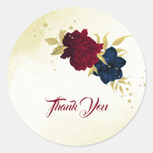 navy red flowers gold leaves wedding classic round sticker