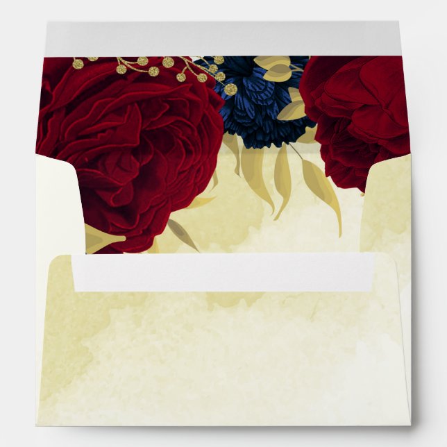 navy red flowers gold leaves wedding envelope (Back (Bottom))