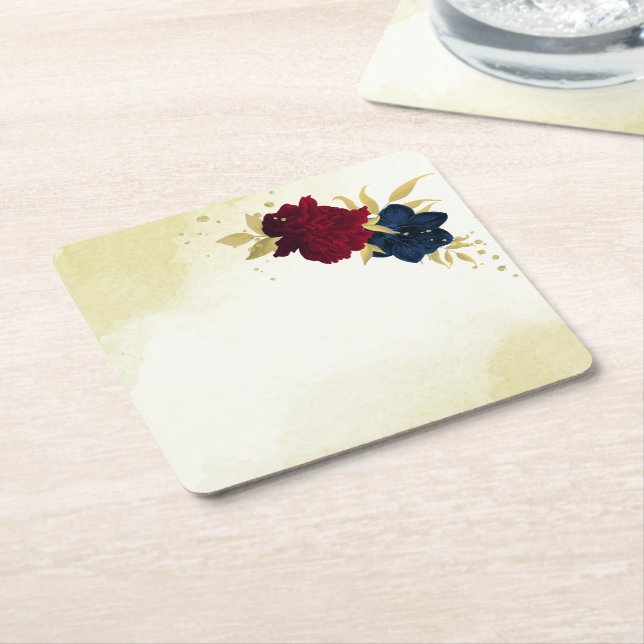 navy red flowers gold leaves wedding square paper coaster (Angled)