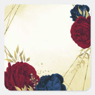navy red flowers gold leaves wedding square sticker