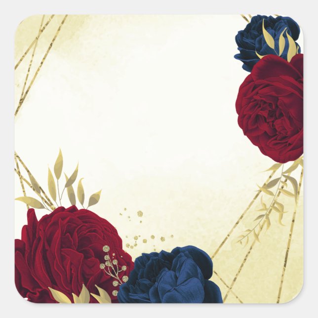 navy red flowers gold leaves wedding square sticker (Front)