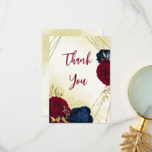 navy red flowers gold leaves wedding thank you card