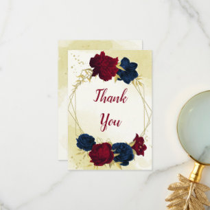 navy red flowers gold leaves wedding thank you card