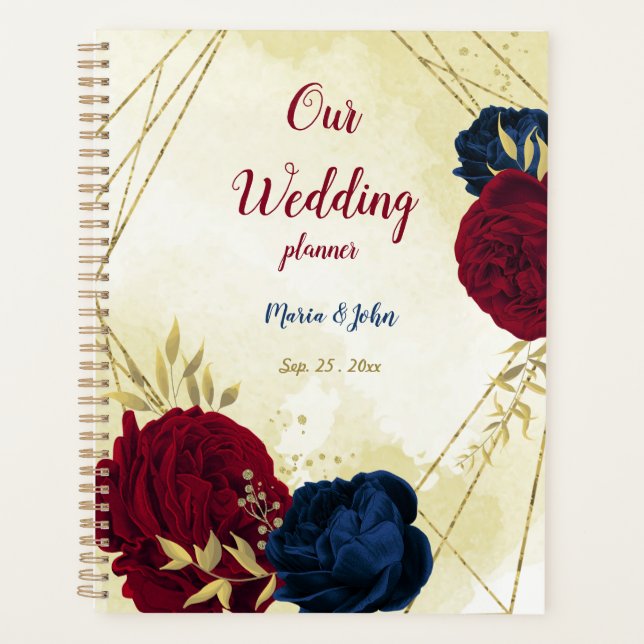 Navy & red flowers gold wedding planner (Front)
