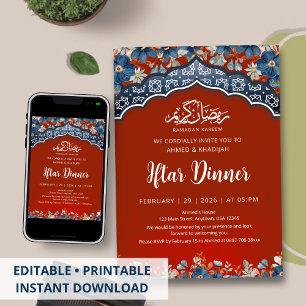 Navy Red Geometric Ramadan Iftar Dinner Invitation