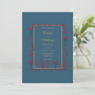 Navy Red Gold Floral Border Wedding Invitation