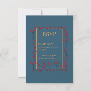 Navy Red Gold Floral Border Wedding RSVP Card