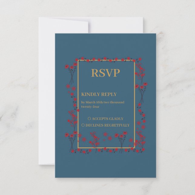 Navy Red Gold Floral Border Wedding RSVP Card (Front)