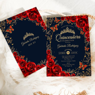 Navy Red Gold Quinceanera Invitation