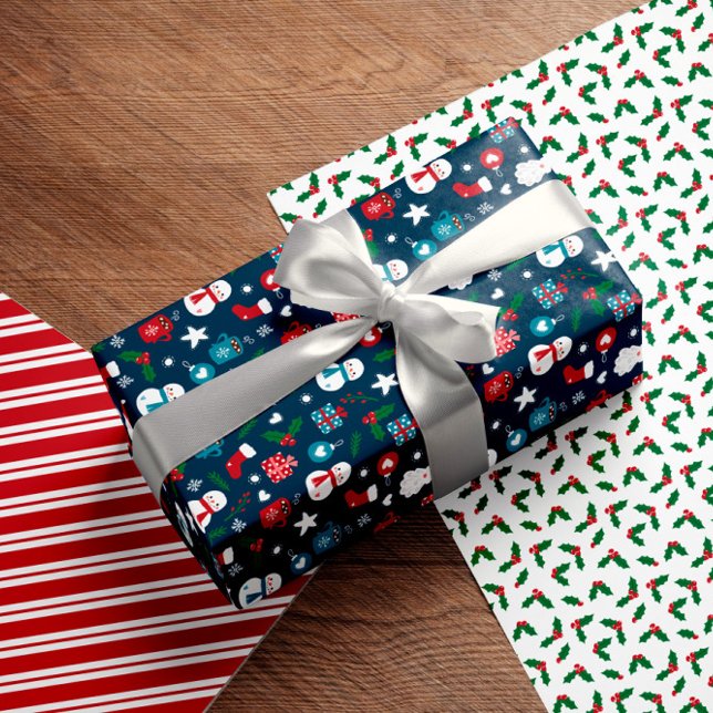  Navy Red Green Cute Cosy Christmas Patterns Wrapping Paper Sheet (Creator Uploaded)