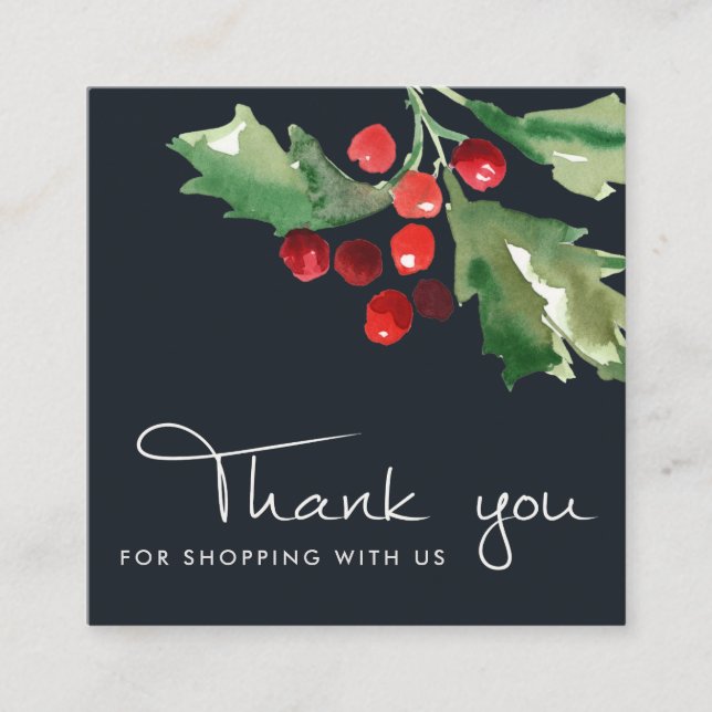 NAVY RED GREEN HOLLY BERRY CHRISTMAS THANK YOU SQUARE BUSINESS CARD (Front)