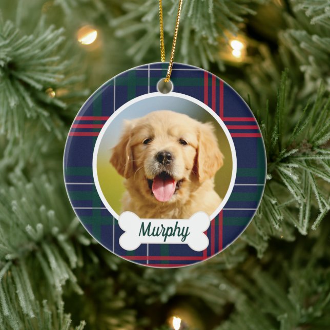 Navy Red Green Tartan Plaid Custom Dog Photo Ceramic Tree Decoration (Tree)