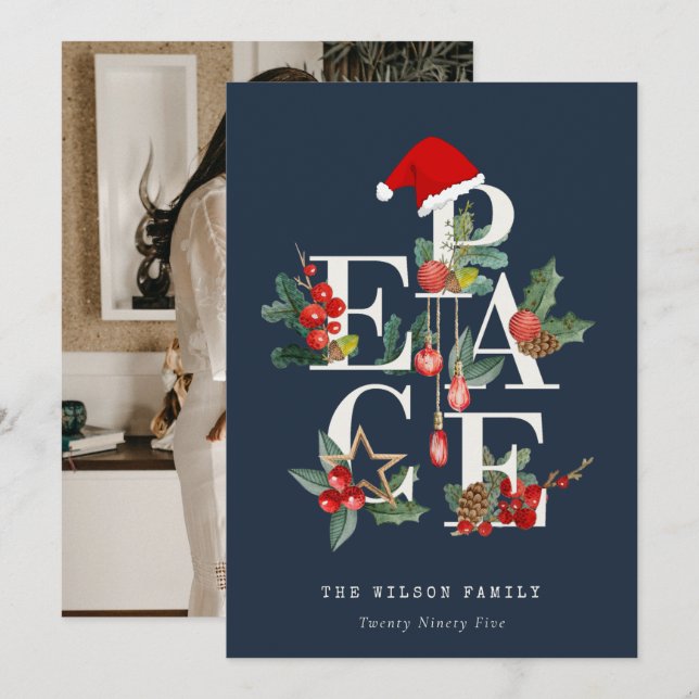 Navy Red Green White Peace Christmas Foliage Photo Holiday Card (Front/Back)