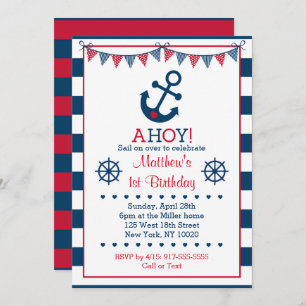 Navy & Red Nautical Anchor 1st Birthday Invitation