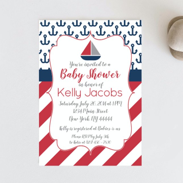 Navy Red Nautical Sailboat Baby Shower Invitation (Creator Uploaded)