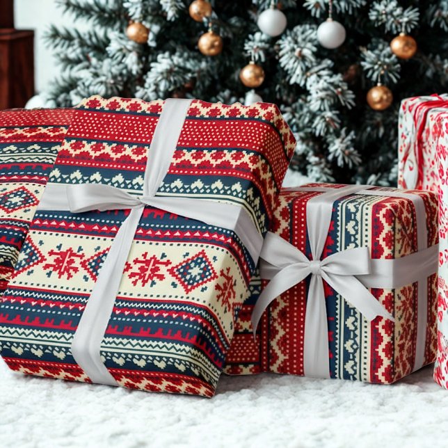 Navy Red Nordic Ugly Christmas Sweater Gift Wrap (Creator Uploaded)