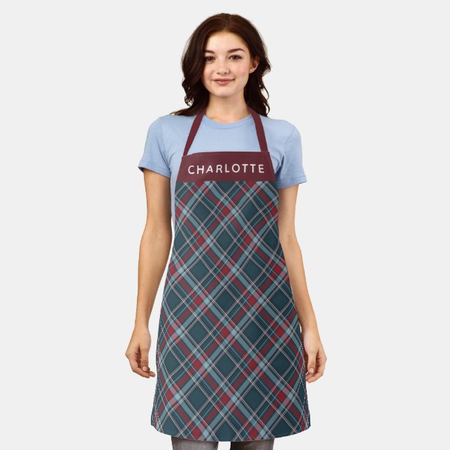 Navy Red Plaid Custom Name Christmas Women Apron (Worn)