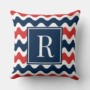 Navy & Red Preppy Ric Rac Stripe Monogram  Cushion