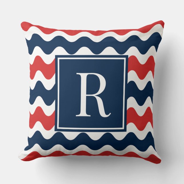 Navy & Red Preppy Ric Rac Stripe Monogram  Cushion (Front)