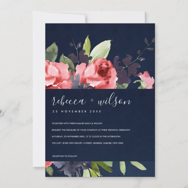 NAVY RED ROSE PEONY FLORA WATERCOLOR BUNCH WEDDING (Front)