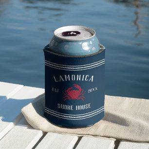 Navy & Red Rustic Crab Personalised Shore House Can Cooler