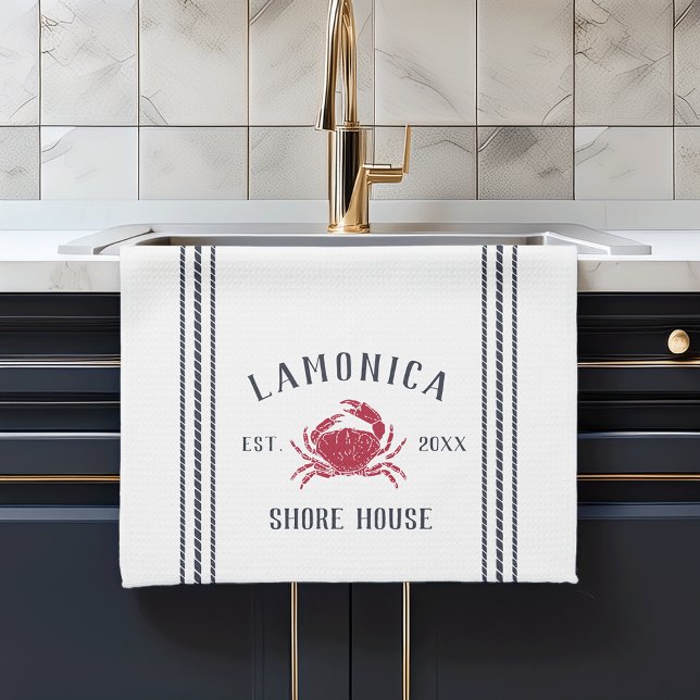 Navy & Red Rustic Crab Personalised Shore House Tea Towel (Creator Uploaded)