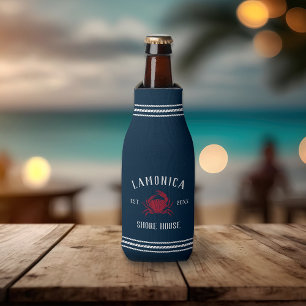 Navy & Red Rustic Crab Personalized Shore House Bottle Cooler