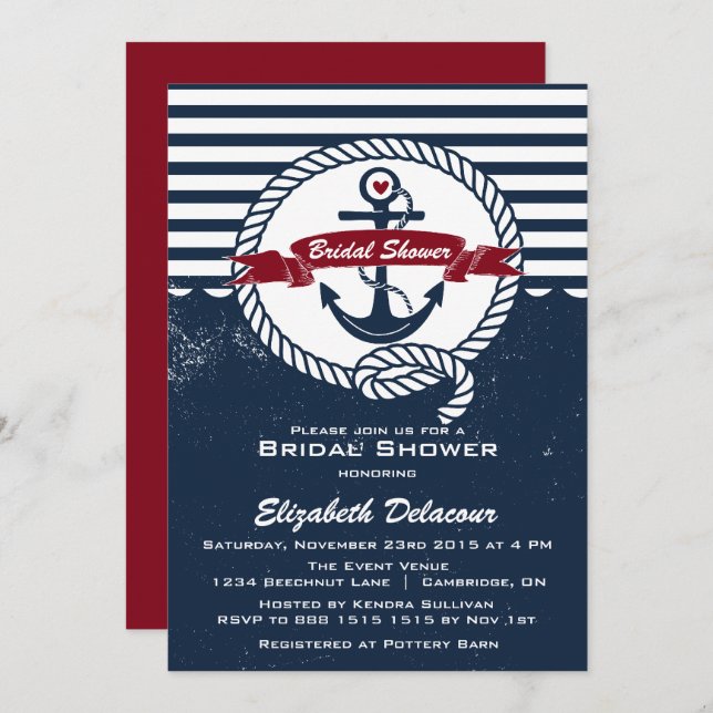 Navy Red Rustic Nautical Bridal Shower Invitation (Front/Back)