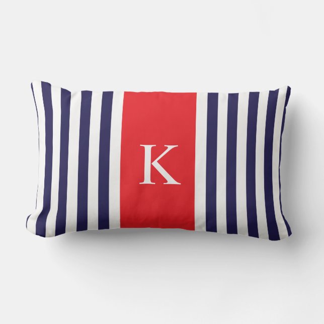 Navy Red Stripes Monogram Lumbar Cushion (Front)