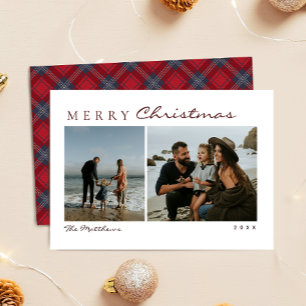 Navy Red Tartan Simple Family Photo Christmas Holiday Card