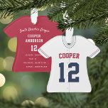 Navy, Red & White Baseball Jersey Player Stats Ornament<br><div class="desc">Commemorate an awesome season for your favourite baseball player with this cool custom ornament in a navy blue,  red,  and white colorway. Personalise the front with the player's name and number,  and add more details to the back,  including the team or league name,  season,  age,  position,  and coach name.</div>