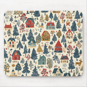 Navy Red Woodland Christmas Village Pattern Mouse Pad