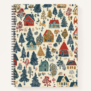 Navy Red Woodland Christmas Village Pattern Notebook