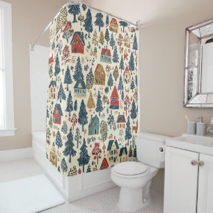 Navy Red Woodland Christmas Village Pattern Shower Curtain