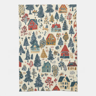 Navy Red Woodland Christmas Village Pattern Tea Towel