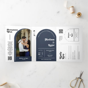Navy Retro Script Boho Arch Photo QR Code Wedding Tri-Fold Invitation