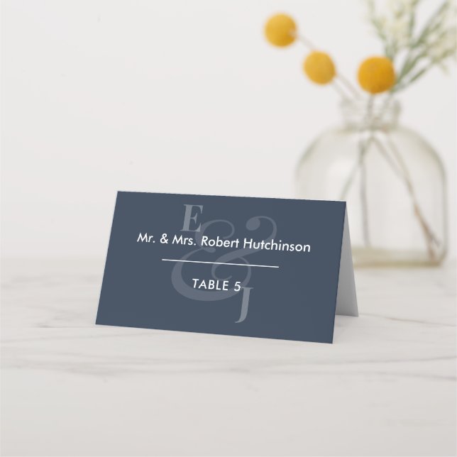 Navy Reverse Ampersand Wedding | Folded Seating Place Card (Front)