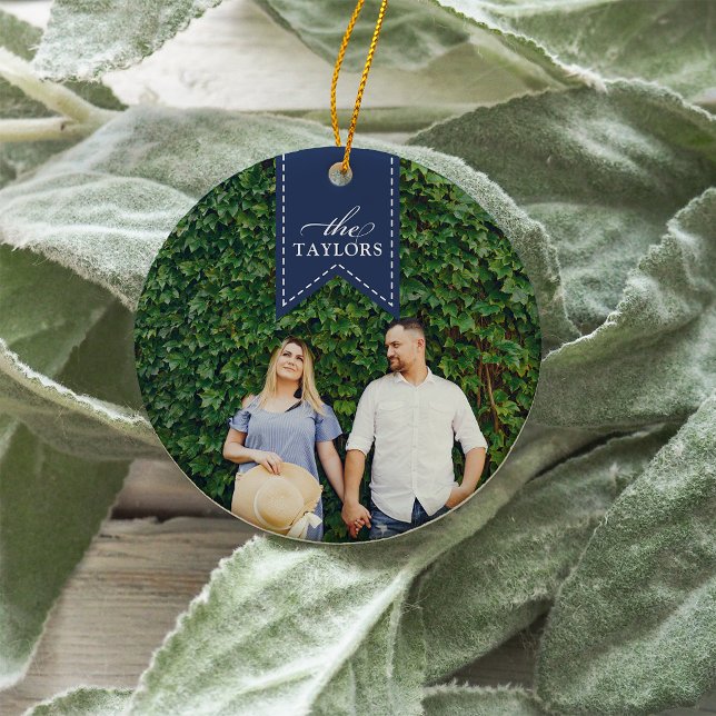 Navy Ribbon | Holiday Photo Ceramic Tree Decoration (Creator Uploaded)