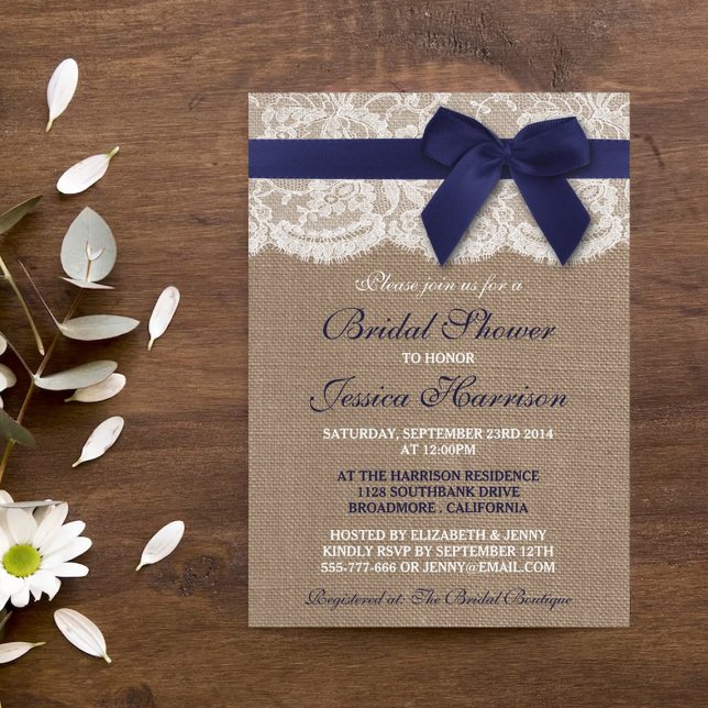 Navy Ribbon On Burlap & Lace Bridal Shower Invitation (Creator Uploaded)
