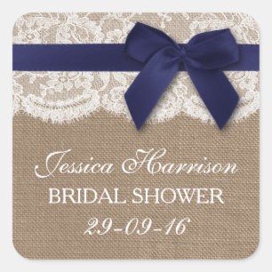 Navy Ribbon On Burlap & Lace Bridal Shower Square Sticker
