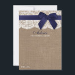 Navy Ribbon On Burlap & Lace Wedding Advice Card<br><div class="desc">Celebrate in style with these rustic advice cards. The simple yet stylish design will allow your guests to write a note of advice for you to keep and read over in years to come. The wording is easy to personalise so these cards can quickly be transformed into advice cards for...</div>