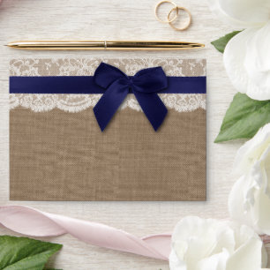 Navy Ribbon On Burlap & Lace Wedding Envelope