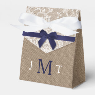 Navy Ribbon On Burlap & Lace Wedding Favour Box