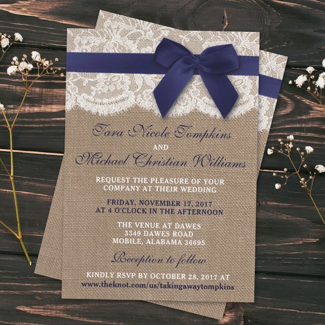 Navy Ribbon On Burlap & Lace Wedding Invitation (Creator Uploaded)