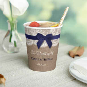 Navy Ribbon On Burlap & Lace Wedding Paper Cups