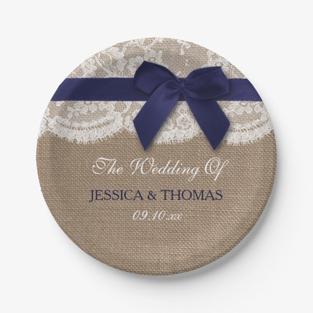 Navy Ribbon On Burlap & Lace Wedding Paper Plate (Front)