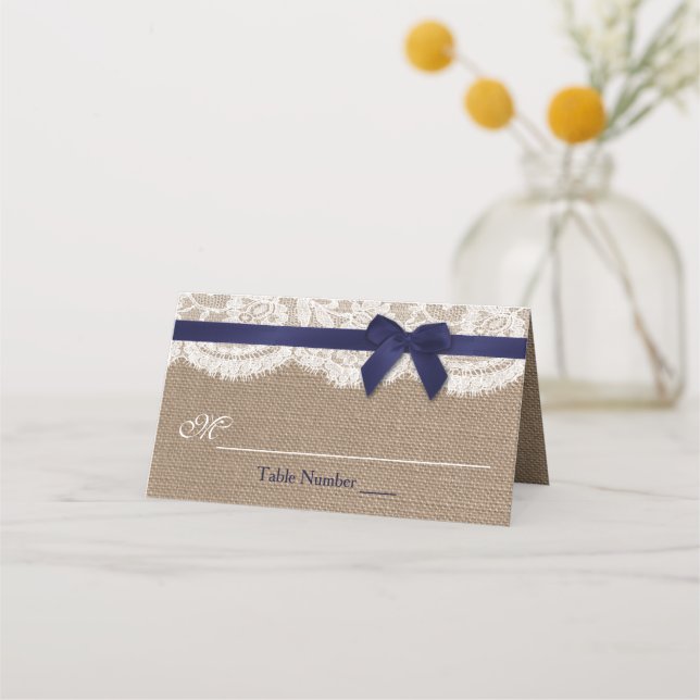 Navy Ribbon On Burlap & Lace Wedding Place Card (Front)