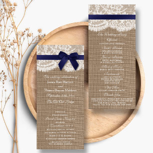 Navy Ribbon On Burlap & Lace Wedding Program Rack Card