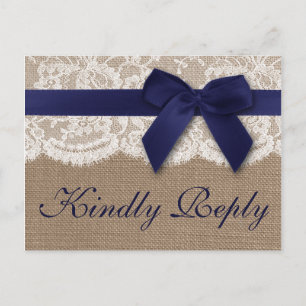 Navy Ribbon On Burlap & Lace Wedding RSVP Invitation Postcard