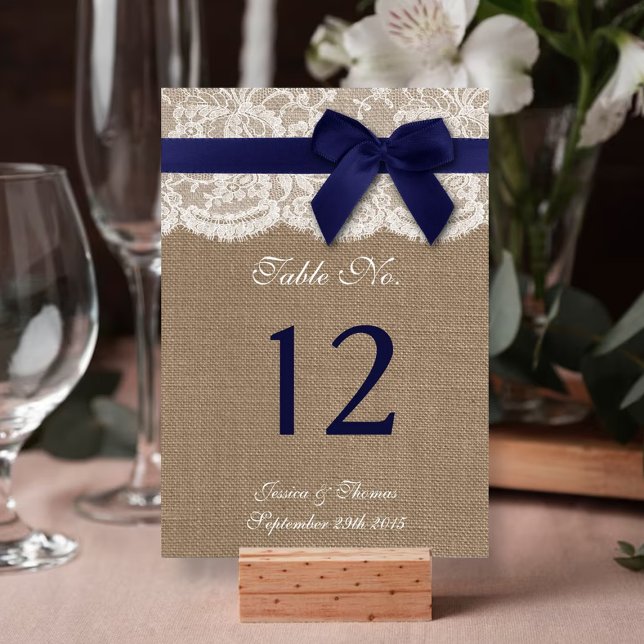Navy Ribbon On Burlap & Lace Wedding Table Number (Creator Uploaded)
